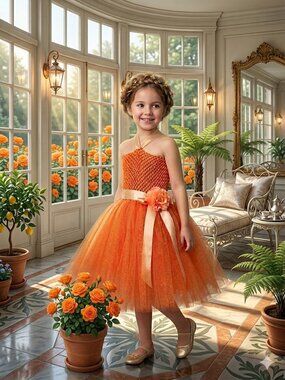 Handmade Orange Halter Tulle Flower Girls Dress